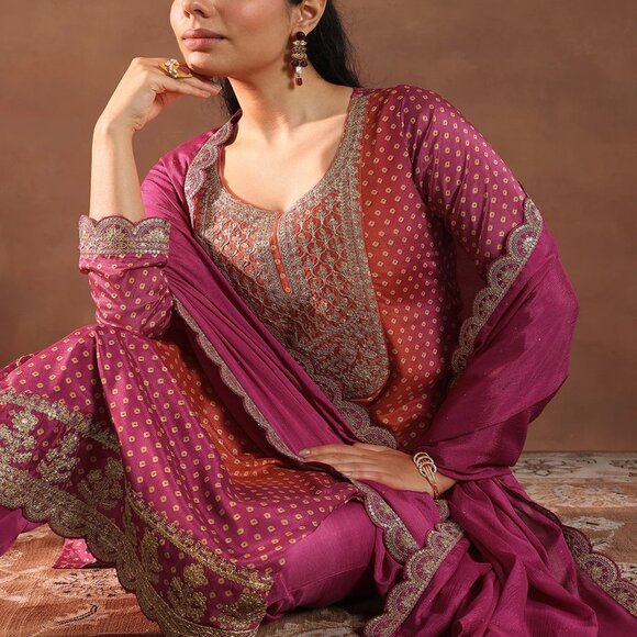 Pink Printed Silk Blend Kurta Set with Dupatta – Women S–2XL Ethnic Outfit - Picture 1 of 6